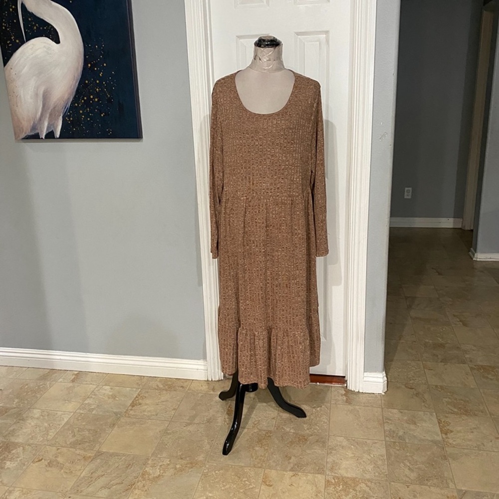 New Women 3XL Brown Long-sleeved Midi dress tiered babydoll sweater Dress - Picture 3 of 8